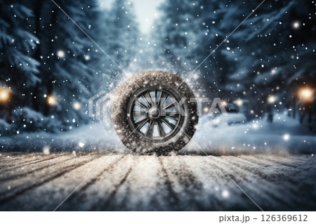 a car wheel on the background of a winter road and a beautiful night landscape, a snow-covered forest with lights, a concept of traffic safety on a slippery road 126369612