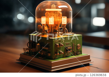 an analog retro device with lamps and buttons 126369638
