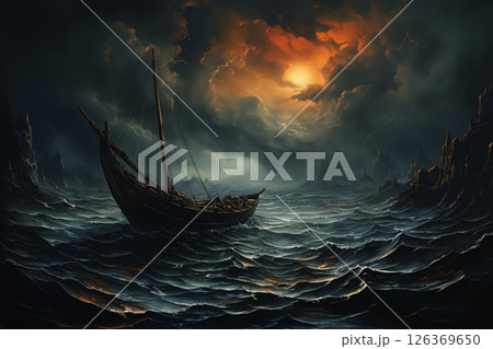 the sailboat sails through a stormy sea, a dark dramatic sky with gloomy clouds 126369650