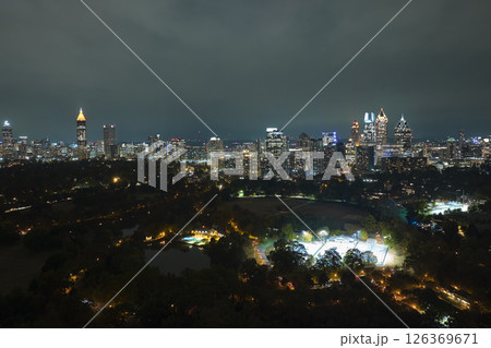 Aerial view of downtown district of Atlanta city in Georgia, USA. Brightly illuminated high skyscraper buildings in modern american midtown 126369671
