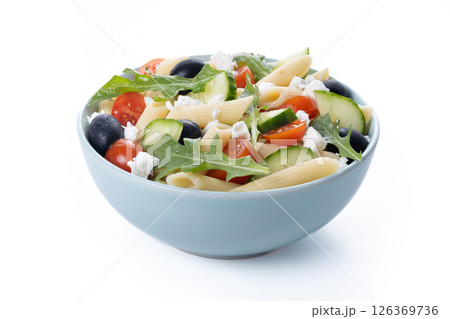 Mediterranean Pasta Salad with Fresh Vegetables and Herbs isolated on white background 126369736