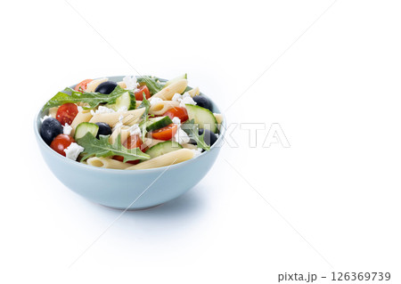 Mediterranean Pasta Salad with Fresh Vegetables and Herbs isolated on white background 126369739