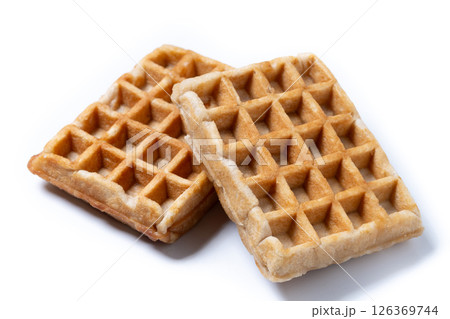 Golden Brown Belgian Waffle Isolated on White Background 126369744