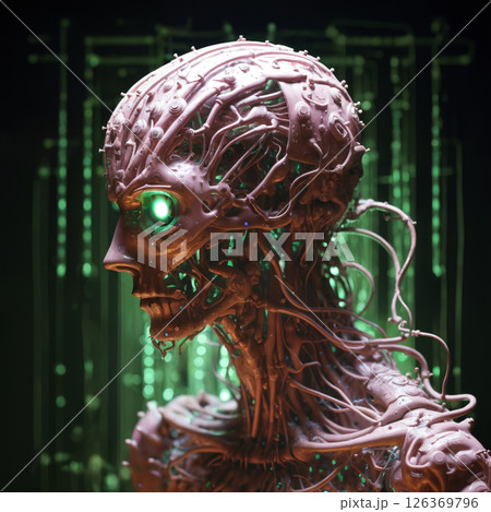 biomechanical robot, skeleton and skull with glowing eyes similar to android, with wires and tubes, humanoid on a dark green background with light particles, cyberpunk art, computer art 126369796
