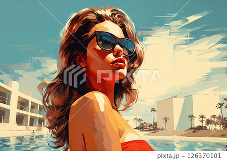 Portrait of a beautiful fashionable woman with a hairstyle and sunglasses, in a bikini or swimsuit, on a beach, blue sky background. Illustrative poster in style of the 1960s 126370101