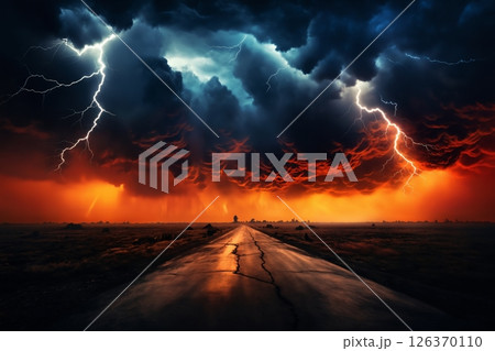 dark dramatic stormy sky with lightning and cumulus clouds over old road for abstract background 126370110