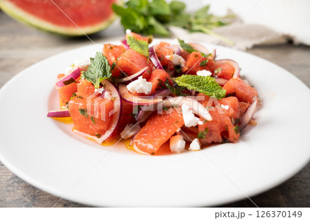 Fresh Watermelon Feta Salad with Mint and Red Onion Fresh Watermelon Feta Salad with Mint and Red Onion 126370149