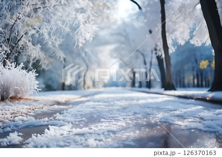 the road in winter, beautiful view, snow and frost with bright sunlight the road in winter, beautiful view, snow and frost with bright sunlight 126370163