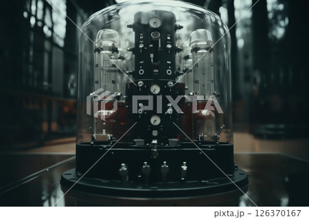 retro analog devices for industry and scientific research and measurements, lamp electronics, a secret laboratory in a remote location, retro futurism concept 126370167