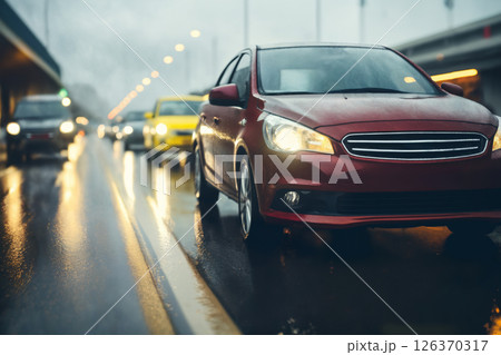 busy traffic on a wet highway road on a rainy evening 126370317