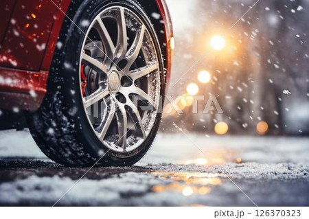 a car wheel close-up on the background of a winter snow-covered road with ice in city street, the concept of traffic safety on a slippery road 126370323