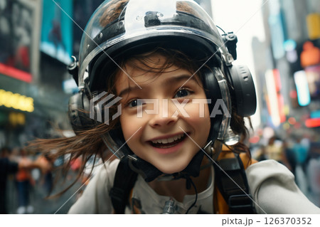 a happy child portrait in headphones and helmet on a city street, streetlights in the evening 126370352