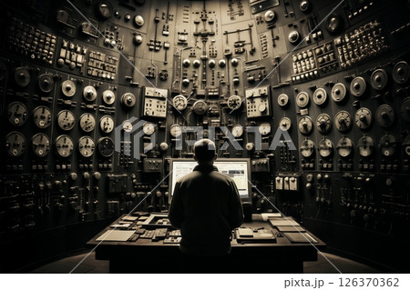 An employee controls the devices in a secret laboratory, technological process control, retro analog devices, in style of a photo reportage 126370362