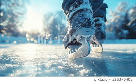 Christmas Ice Skating on Frozen Lake in Winter Landscape 126370405