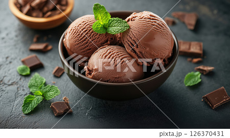 Chocolate Ice Cream Scoops with Mint Leaves in Dark Bowl Chocolate Ice Cream Scoops with Mint Leaves in Dark Bowl 126370431