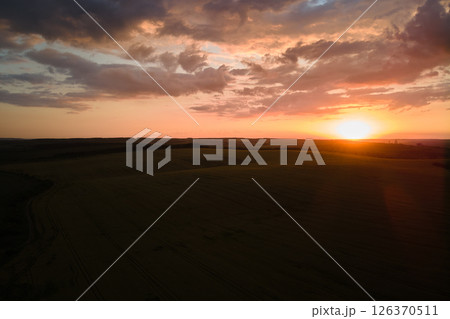Aerial landscape view of yellow cultivated agricultural field with ripe wheat on vibrant summer evening Aerial landscape view of yellow cultivated agricultural field with ripe wheat on vibrant summer evening 126370511