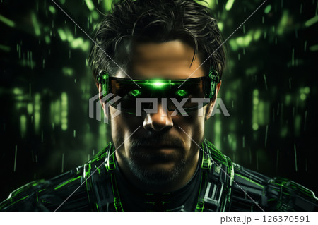 portrait of a man in digital eyeglasses with green holography around his face on a dark background, looks like a hacker, particles of light, cybernetics, science fiction concept and cyber art 126370591