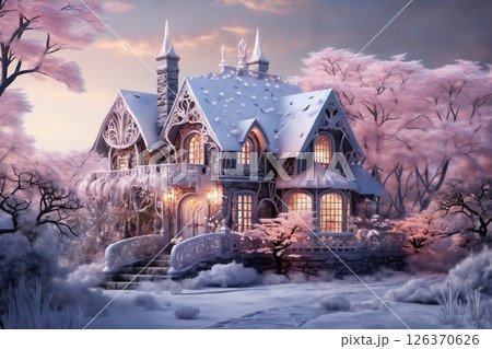 village street in winter season decorated for Christmas or New Year holiday, beautiful view of exteriors of houses , snow, sunset, street lights, festive environment 126370626