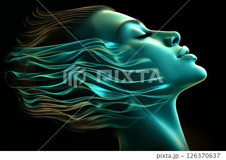 fashion portrait of a beautiful woman with an abstract hologram around her face, holographic pattern on a dark background, cyber art concept 126370637