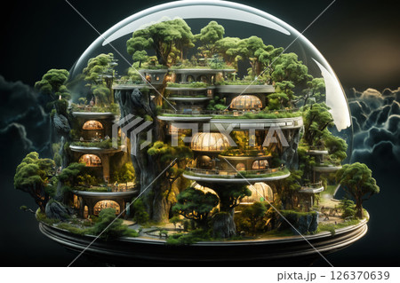 a glass sphere with a microcosm inside, a small fabulous island and a village, houses between trees 126370639