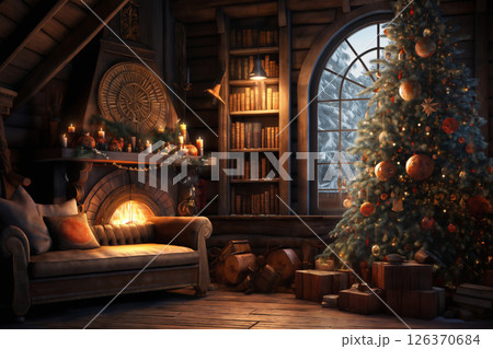 the interior of the living room is decorated for the New Year holiday, a Christmas tree by the fireplace, a cozy atmosphere with a sofa by the window, evening, winter season 126370684