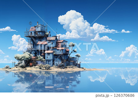 view of a small island and a village with old houses in the middle of the sea, a summer landscape with a clear blue sky 126370686