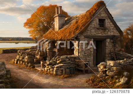 an old hut or barn made of stone against the background of beautiful autumn nature, cozy, 126370878