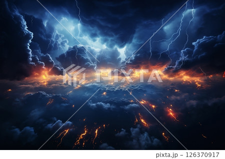 dramatic stormy sky with lightning and dark cumulus clouds aerial view for abstract background 126370917