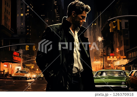 Portrait of a handsome man, in a city street, at night. Illustration poster in the style of 1960 126370918