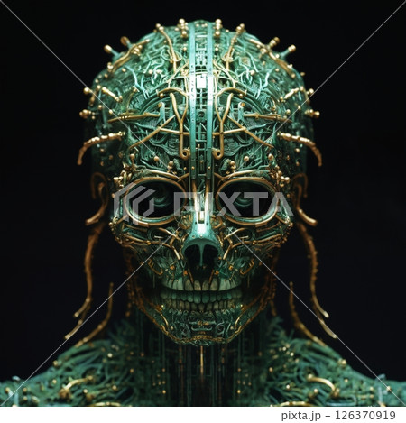 biomechanical robot, skeleton and skull similar to android, with pcb and semiconductors texture, green cyborg on dark background, cyberpunk art, computer art 126370919