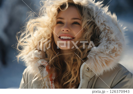 portrait of a woman in winter outdoors, beautiful nature, bright sunny day in the forest and snow 126370943