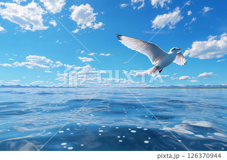 A white seagull flies over the water against a bright blue sky with white clouds 126370944