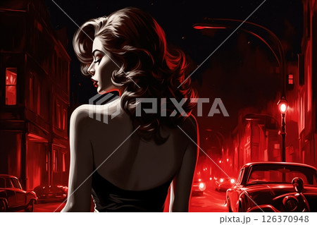 Portrait of a beautiful fashionable woman with a hairstyle, in a city street, at night, car, road and moon. Illustration poster in the style of 1960 126370948