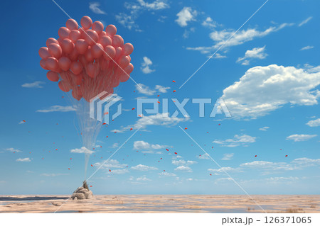 a bunch of red balloons in the desert, a beautiful landscape with blue sky, white cumulus clouds and a simple abstract background 126371065