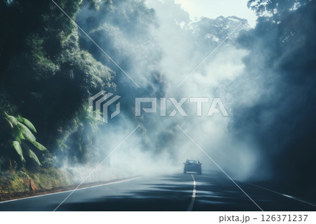 summer landscape with a car driving along the highway in the forest, sunlight and shadows through the morning fog, travel summer landscape with a car driving along the highway in the forest, sunlight and shadows through the morning fog, travel 126371237