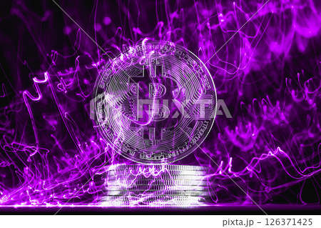 Bitcoin cryptocurrency coin hovering over a stack of coins with futuristic purple lights emanating from the surface, creating a dynamic visual representation of digital finance and investment 126371425