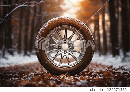 a car wheel on the background of a winter road and a beautiful landscape, a snow-covered forest, a concept of traffic safety on a slippery road 126371583