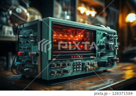 retro analog device for industry and scientific research and measurements, object closeup, concept of retro futurism lamp electronics 126371584