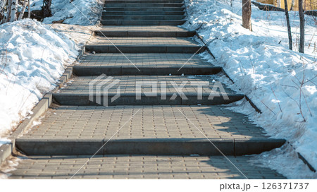 Concrete block paved path bordered by a metal fence and snow going slightly uphill towards a stairway in a park with pine and birch trees during winter 126371737