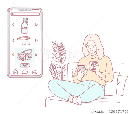 A Woman Engaged in Shopping Online Using Her Mobile Device While Relaxing at Home A Woman Engaged in Shopping Online Using Her Mobile Device While Relaxing at Home 126371793