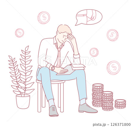 A Stressed Young Man Experiencing Financial Worries and Contemplating His Coins and Future 126371800