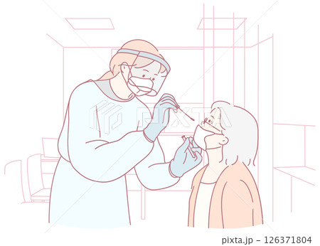 A medical professional is diligently administering a COVID19 test to ensure safety and health 126371804
