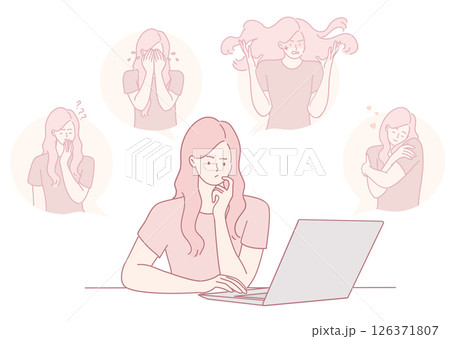 A Woman Expressing Various Emotions While Using a Laptop in a Modern and Thoughtful Way 126371807