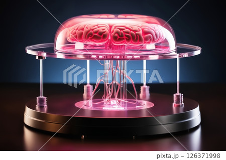 glowing pink artificial intelligence in the form of a cyber brain with backlight on the sides and wired connections, bioluminescence, computer rendering, 3d model of an object, cyber art glowing pink artificial intelligence in the form of a cyber brain with backlight on the sides and wired connections, bioluminescence, computer rendering, 3d model of an object, cyber art 126371998
