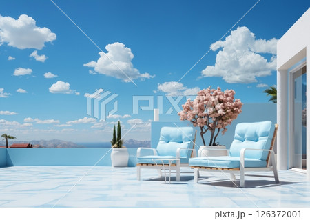 a beautiful interior on an open terrace, an armchair and plants against a background of blue sky with clouds, a place for rest and relaxation 126372001