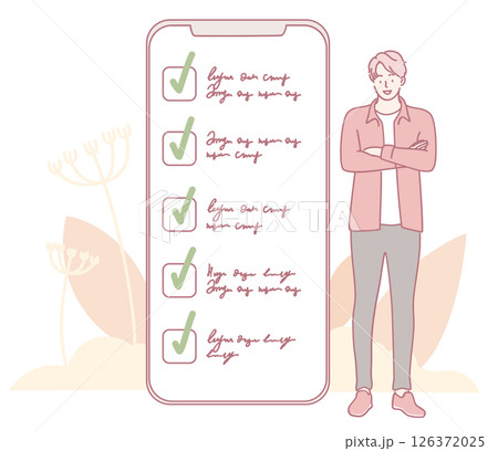 Completion of a Detailed Checklist on a Mobile Device with a Young Man Standing Proudly Completion of a Detailed Checklist on a Mobile Device with a Young Man Standing Proudly 126372025