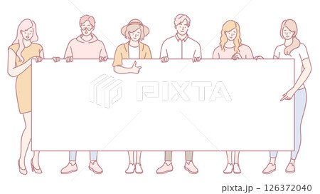 A diverse group of people excitedly holding a large blank banner for messages and expressions 126372040