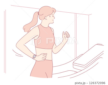 A woman runs on a treadmill in stylish activewear, showing her dedication to fitness A woman runs on a treadmill in stylish activewear, showing her dedication to fitness 126372096
