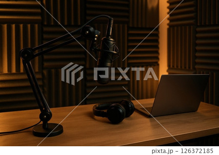 Recording setup for podcasting in a cozy studio with warm lighting and soundproofing panels Recording setup for podcasting in a cozy studio with warm lighting and soundproofing panels 126372185