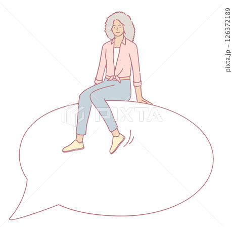 A modern woman is pictured sitting comfortably on a speech bubble in this vector illustration 126372189